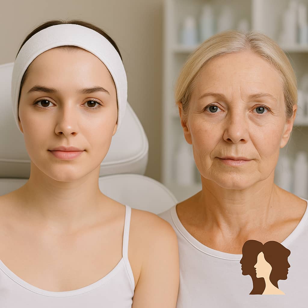 Comparación entre mujer joven y madura en clínica estética para mostrar cómo varia el número de sesiones de HIFU