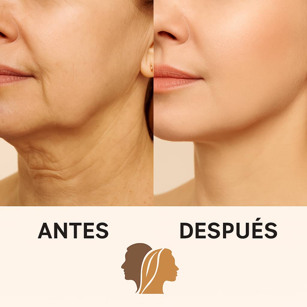 Comparativa antes y después del tratamiento HIFU mostrando mejora en firmeza del cuello y mandíbula