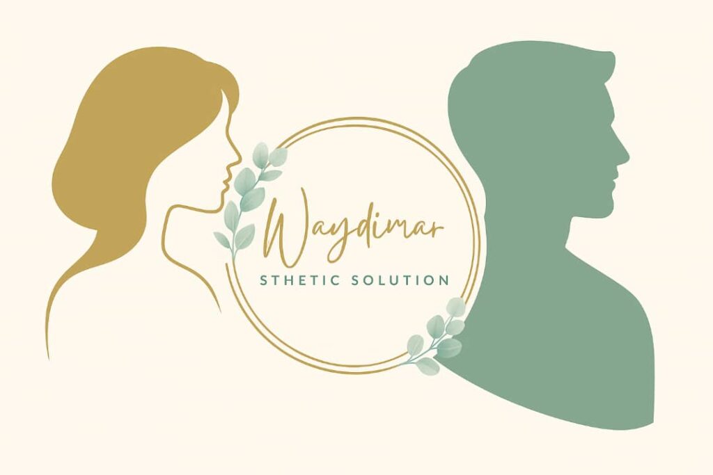 Logotipo Institucional de Waydimar Sthetic Solution acompañado de siluetas doradas de mujer y hombre
