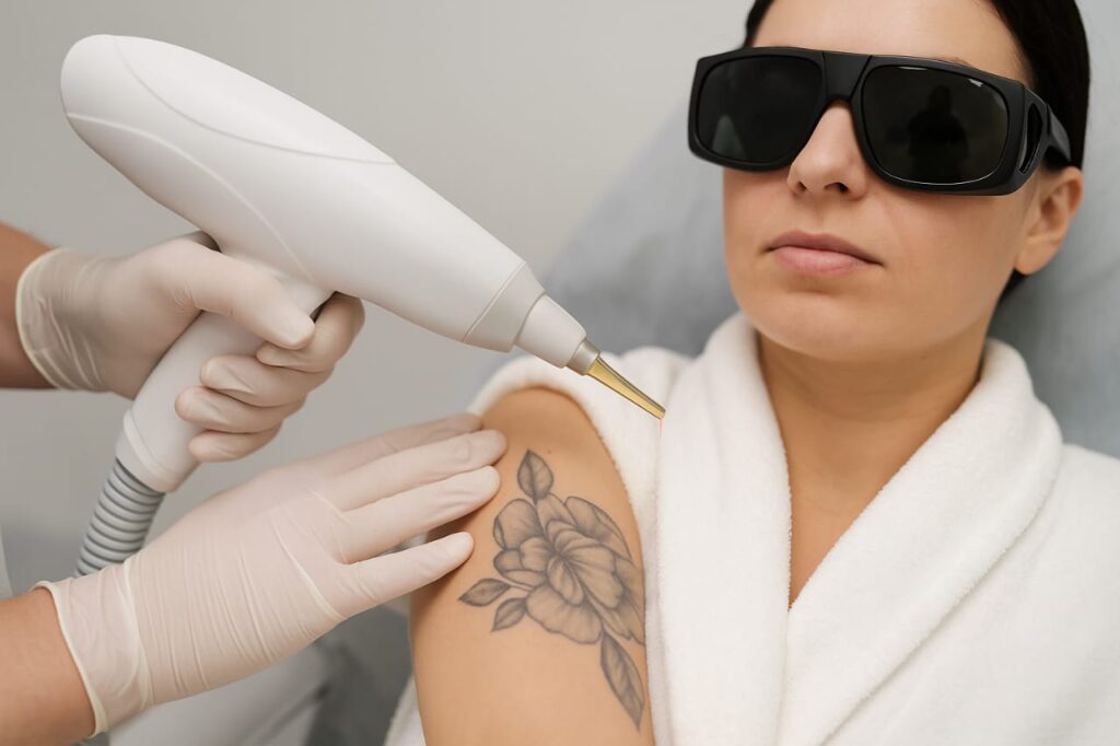 Procedimiento de eliminación de tatuaje con láser en el brazo en clínica estética de Vega Alta