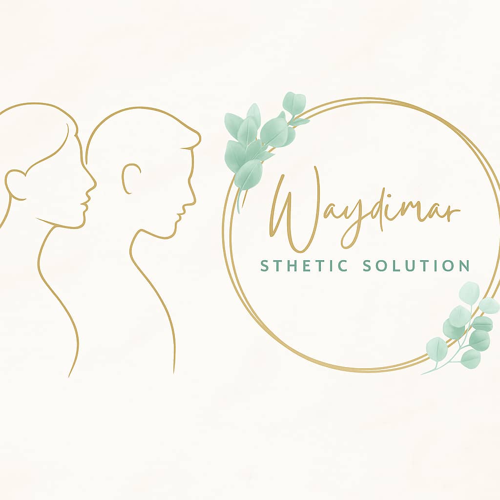 Logotipo institucional de Waydimar Sthetic Solution junto a silueta doradas de mujer y hombre que representan estética avanzada y profesionalismo en tratamientos con láser en Vega Alta