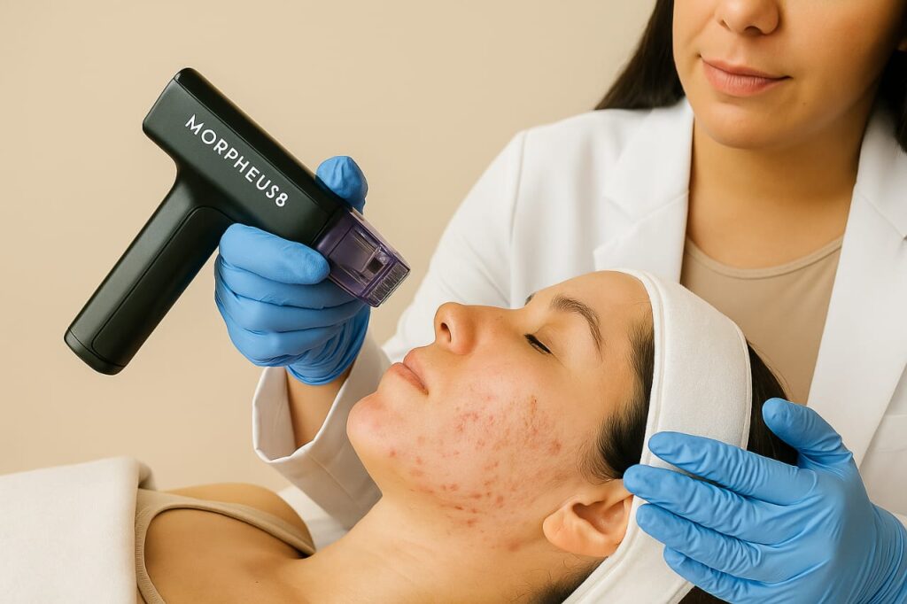 Profesional aplicando tratamiento Morpheus 8 en el rostro de una paciente con acné para mejorar textura y firmeza de la piel