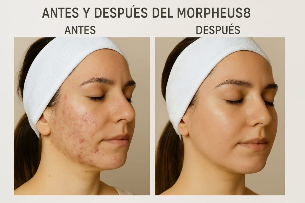 Comparación antes y después del tratamiento Morpheus8 en una paciente con acné, mostrando piel más uniforme, firme y luminosa tras la regeneración de colágeno.