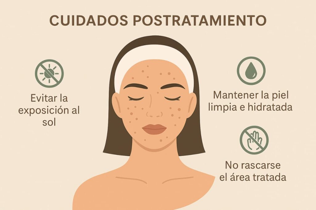 Infografía con consejos de cuidados postratamiento facial: evitar exposición solar, mantener la piel limpia e hidratada y no rascar el área tratada.