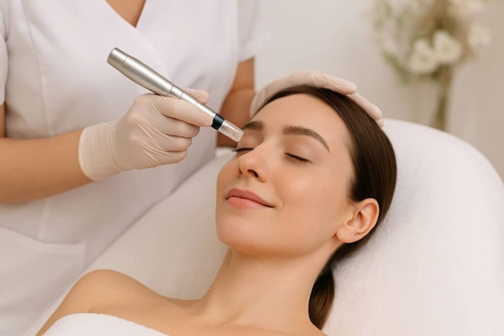 Dispositivo de microneedling tocando suavemente la piel durante tratamiento facial en Waydimar Sthetic Solution