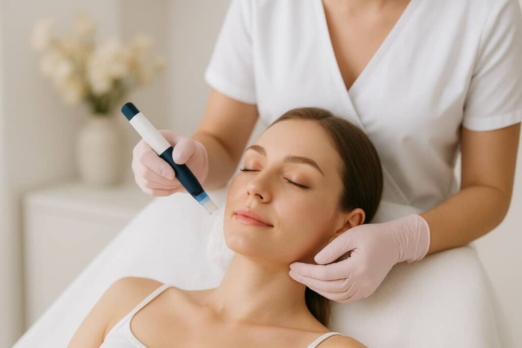 Profesional aplicando tratamiento facial con dispositivo de microneedling en clínica estética Waydimar Sthetic Solution Vega Alta.