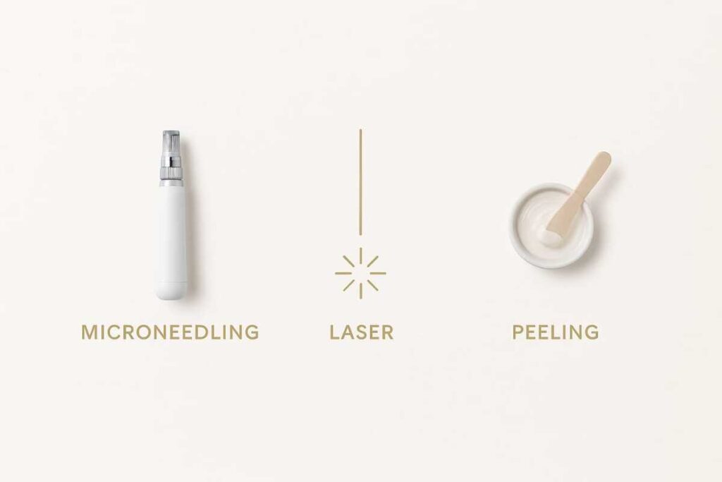 Comparativa visual entre microneedling, láser y peeling en resultados y recuperación.