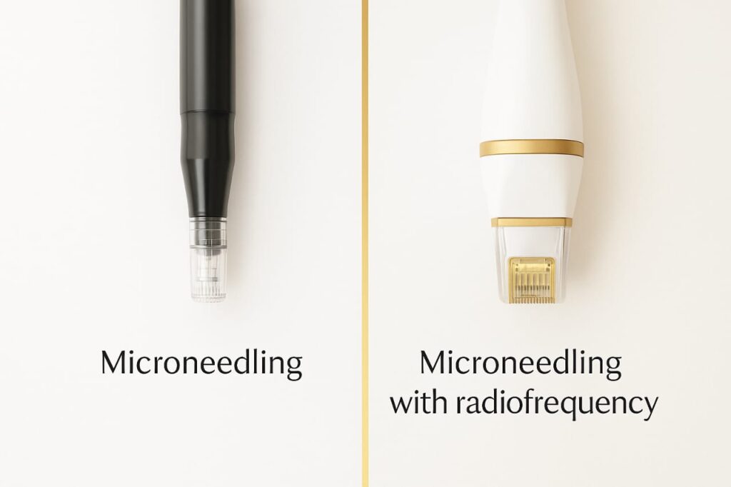 Comparación visual entre dispositivo de microneedling tradicional y equipo de radiofrecuencia fraccionada utilizados en Waydimar Sthetic Solution Vega Alta.