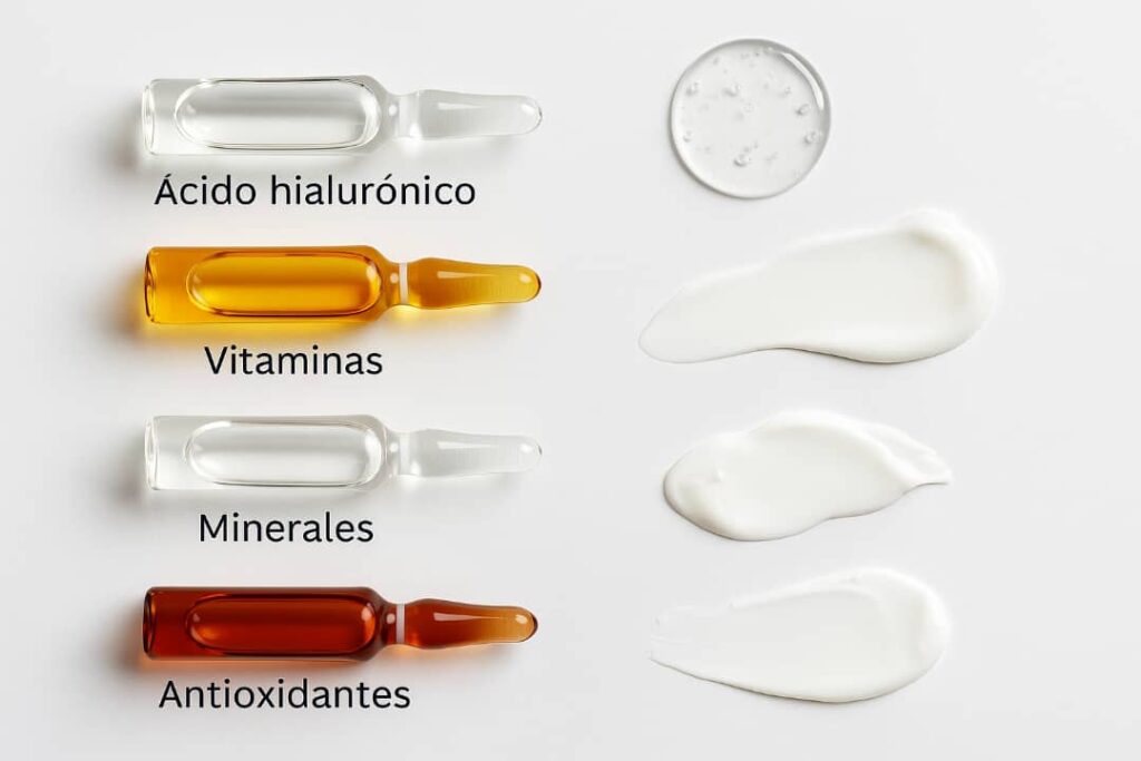 Ampollas de mesoterapia facial con ácido hialurónico, vitaminas y antioxidantes sobre fondo blanco limpio.