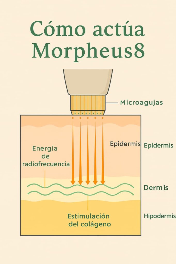 infografía que muestra como el tratamiento mortheus8 utiliza microagujas y energía de radiofrecuencia para estimular la producción de colageno en la piel