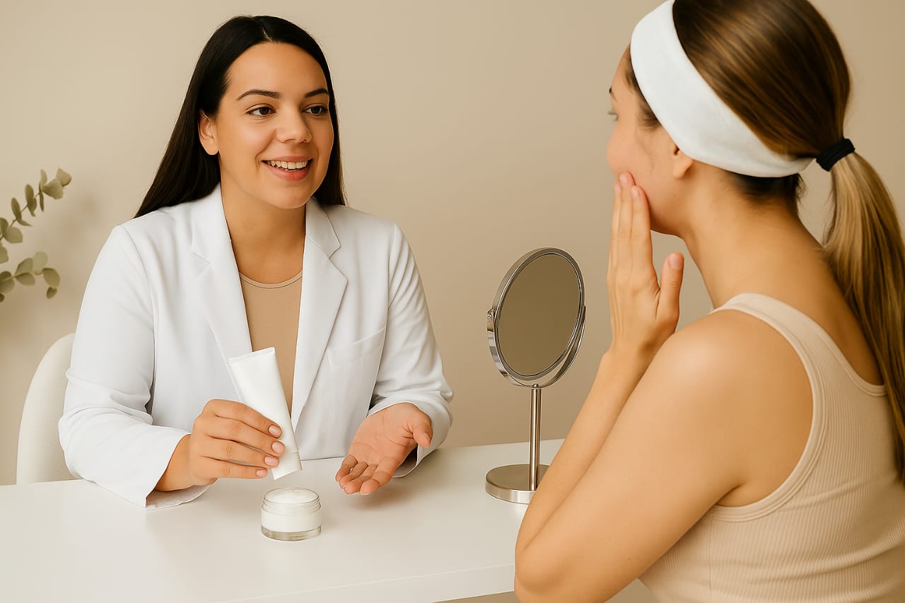 Esteticista explicando a paciente los cuidados después del tratamiento HIFU en clínica Waydimar Sthetic Solution