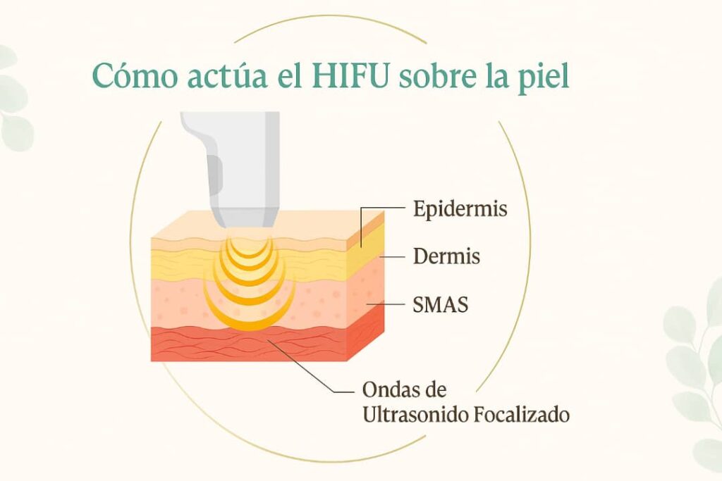 Infografía que muestra el funcionamiento del HIFU en las capas de la piel con ondas de ultrasonido focalizado