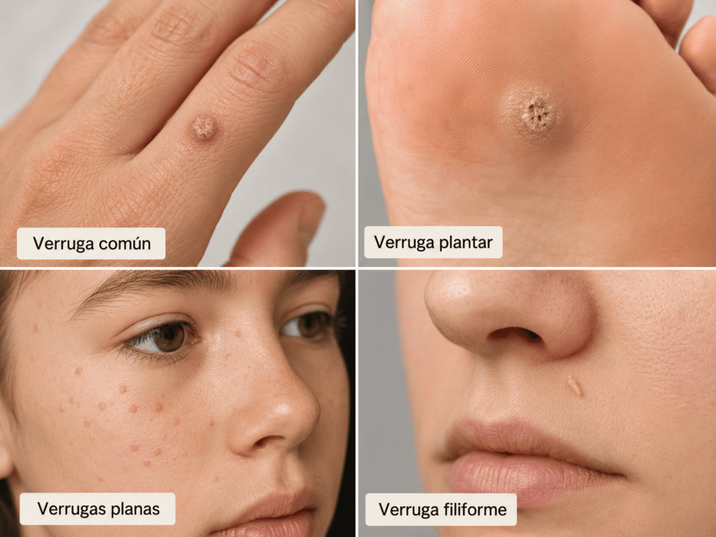 Imagen comparativa de cuatro tipos de verrugas en la piel: verruga común en la mano, verruga plantar en la planta del pie, verrugas planas en el rostro y verruga filiforme cerca de la nariz