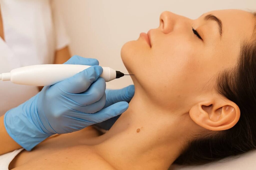 Tratamiento estético con Plasma Pen Fibroblast aplicado en el cuello de una paciente en Waydimar Sthetic Solution Vega Alta.