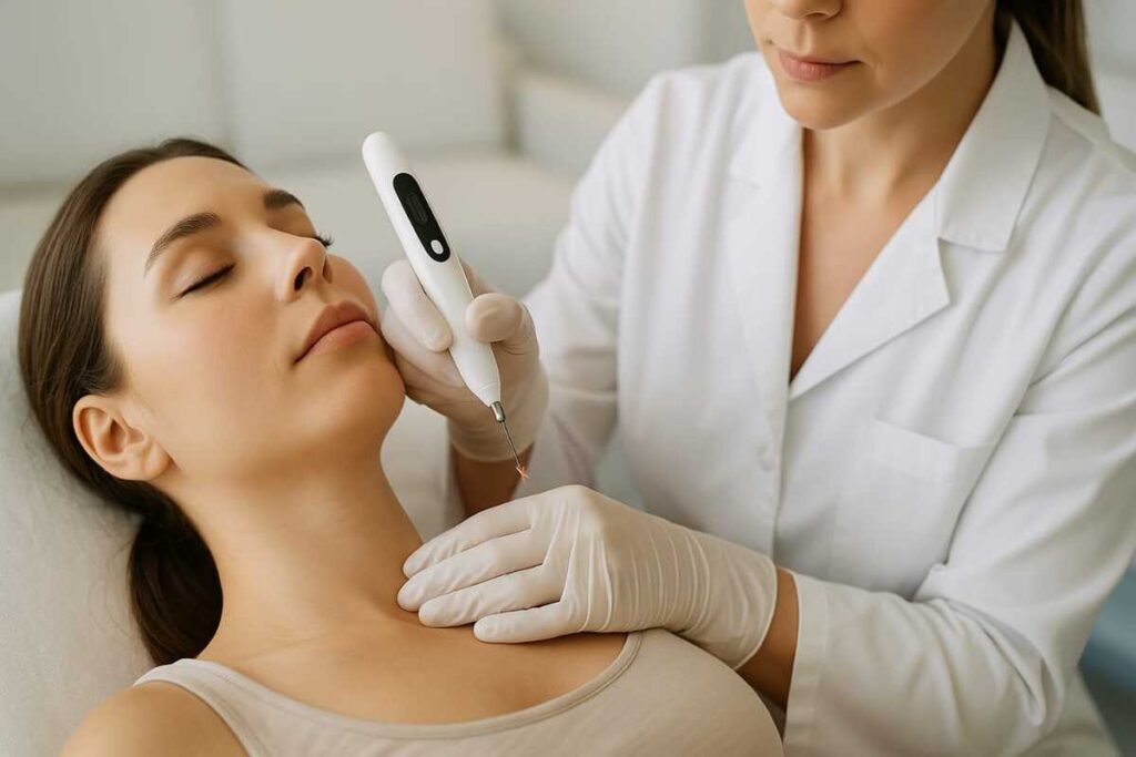 Profesional estética aplicando tratamiento con Plasma Pen Fibroblast en el cuello de una paciente en Waydimar Sthetic Solution Vega Alta.