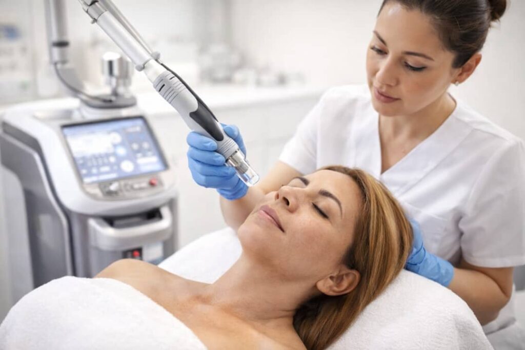 Especialista realizando tratamiento de láser CO2 fraccionado en clínica estética de Vega Alta.