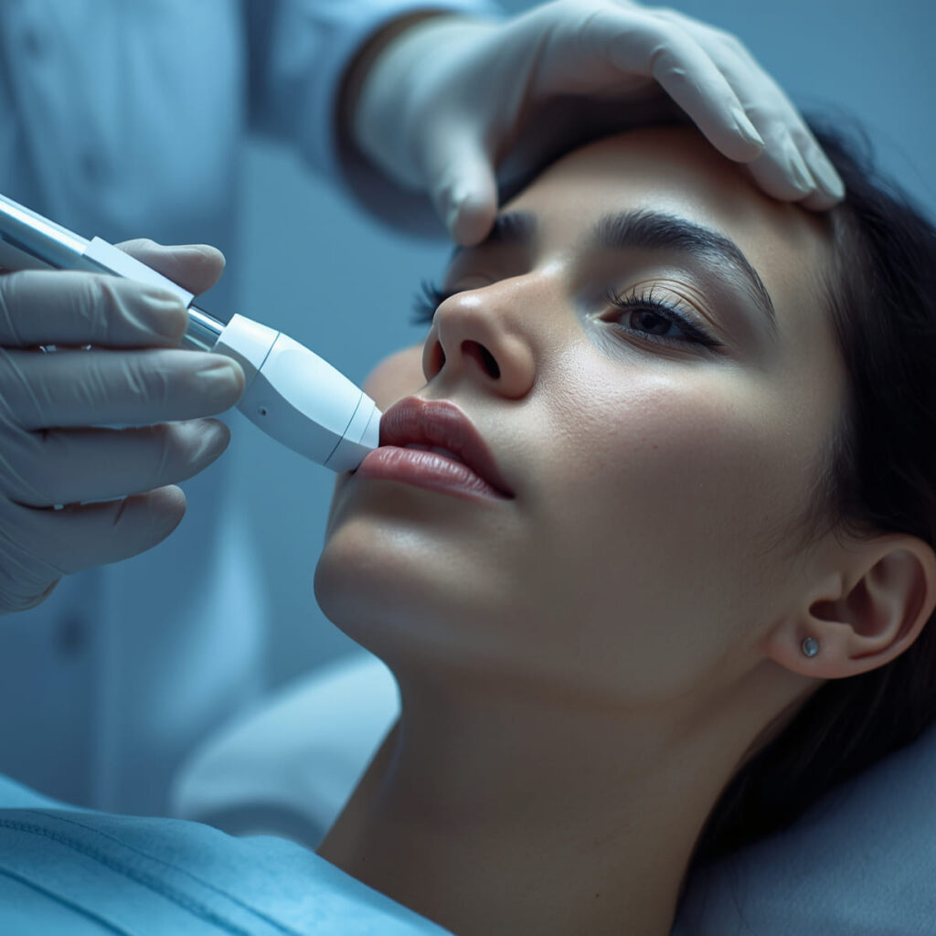 Una mujer de piel clara con cabello oscuro acostada, con la cabeza ligeramente inclinada hacia la derecha. La mano de un profesional, que usa guantes médicos blancos, está cerca de su frente