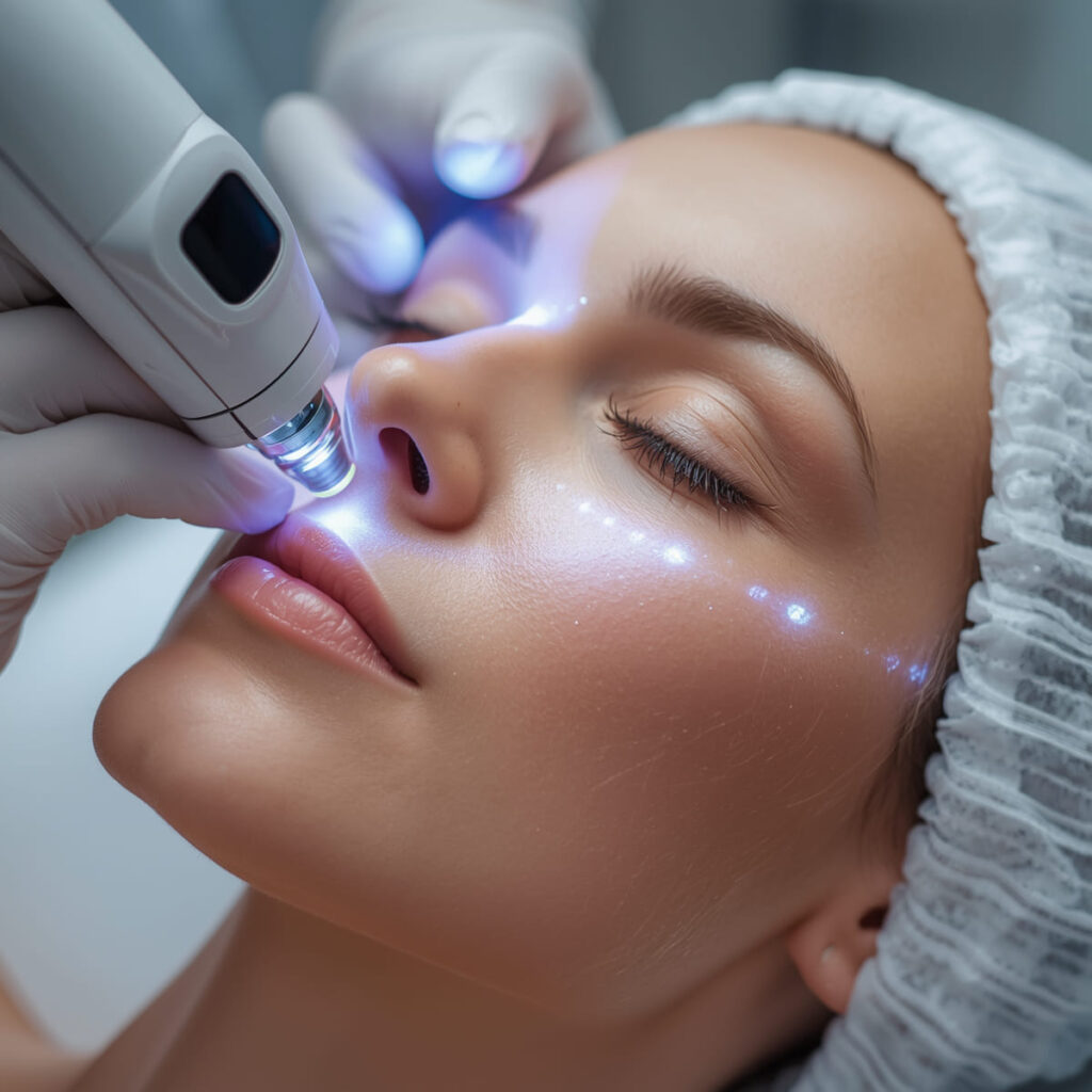 Paciente recibiendo tratamiento de HIFU facial para tensado de piel y eliminación de arrugas en clínica estética