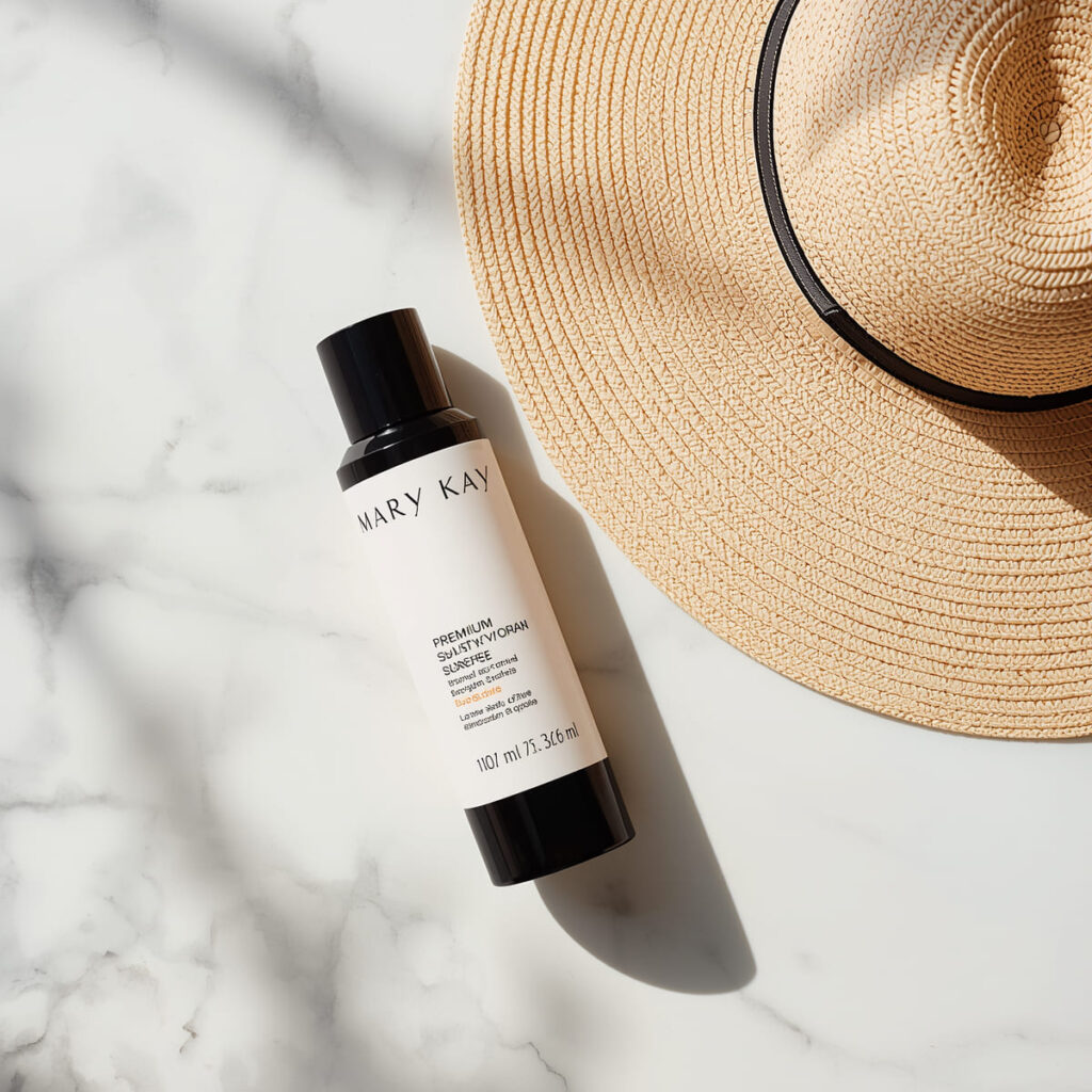 Protector solar premium junto a un sombrero de paja sobre superficie de mármol para la prevención de arrugas y manchas solares.