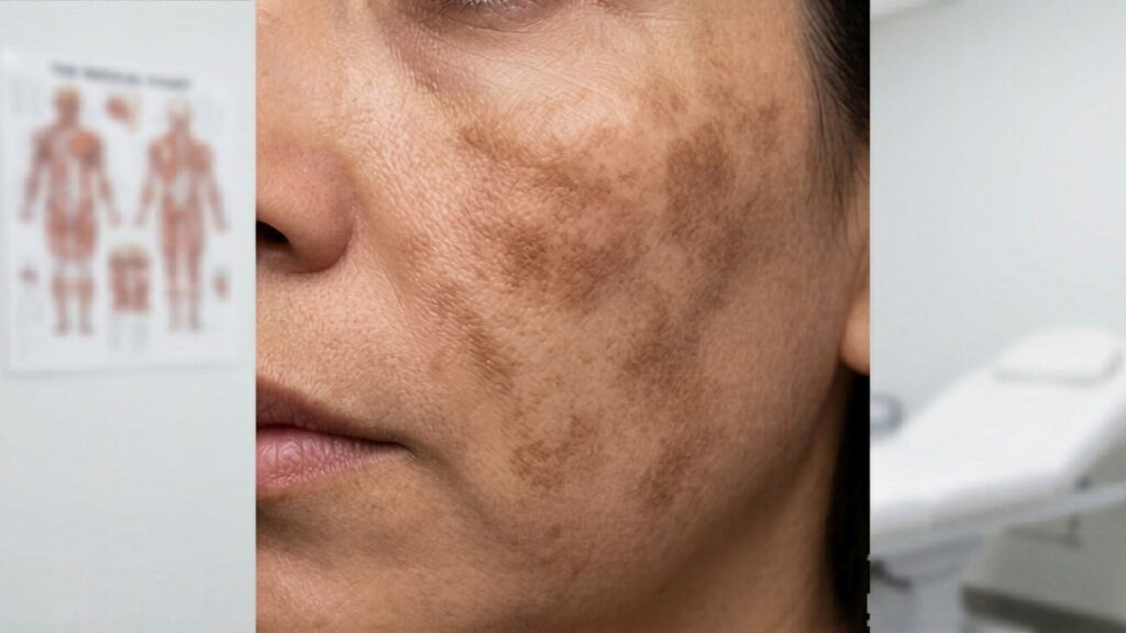 Primer plano de piel con hiperpigmentación y melasma severo en mejillas antes de recibir tratamiento estético profesional en Vega Alta.