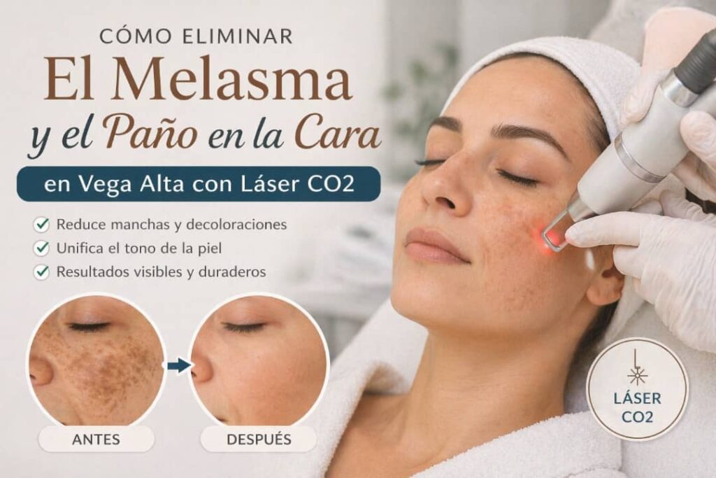 Infografia sobre como eliminar melasma y pano en la cara con Laser CO2 en la clinica Waydimar Sthetic Solution en Vega Alta