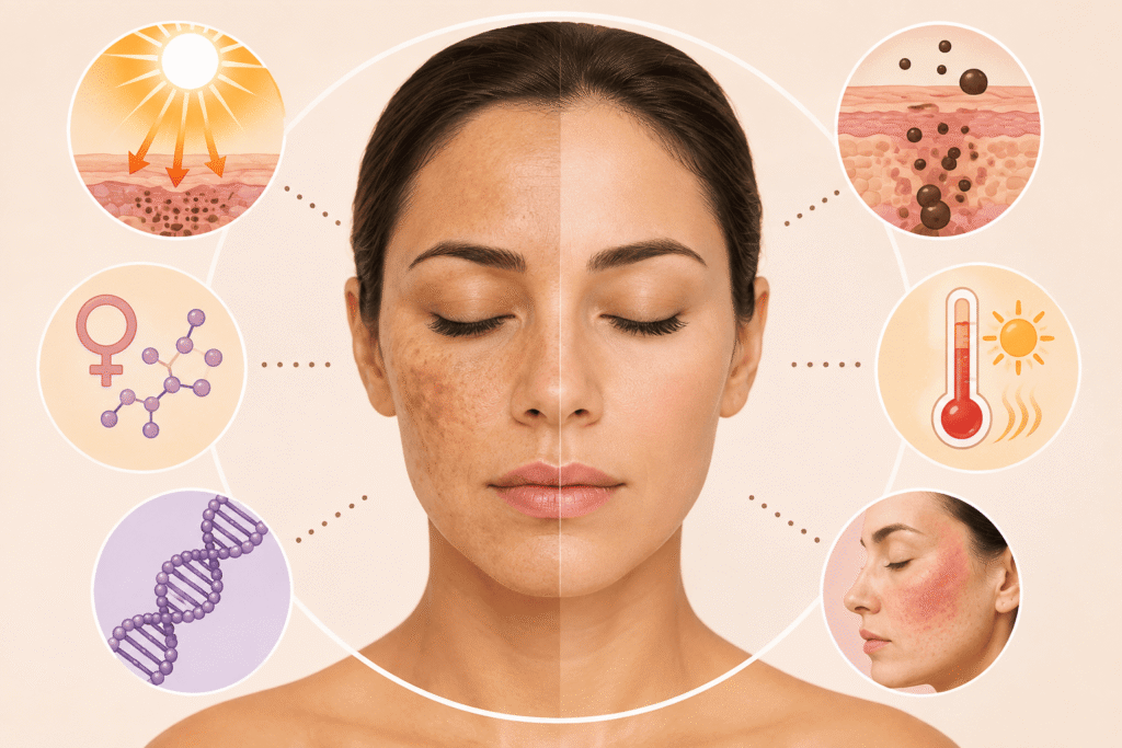 Factores relacionados con la aparición del melasma como radiación solar y cambios hormonales.