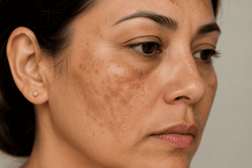 Melasma o paño en la piel con manchas oscuras en mejillas y frente.