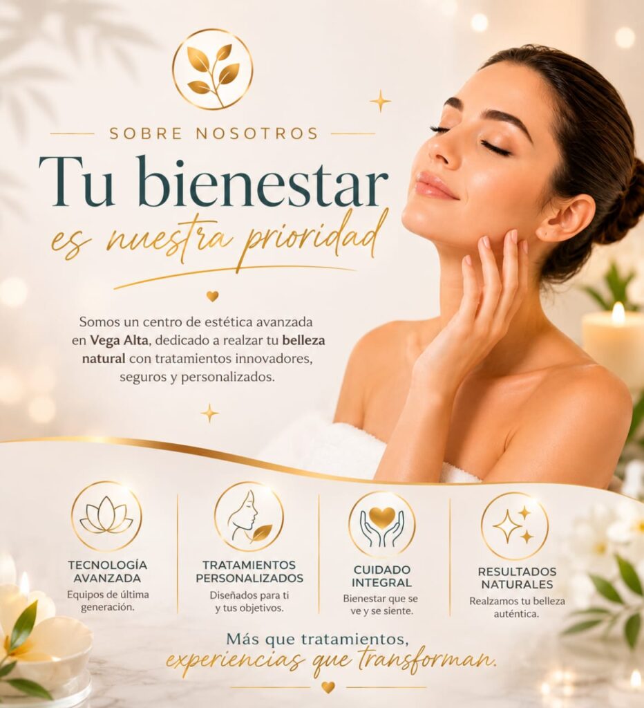 Infografía sobre nosotros Waydimar Sthetic Solution en Vega Alta, que destaca la tecnología avanzada, tratamientos personalizados y resultados naturales con la imagen de una mujer con piel radiante