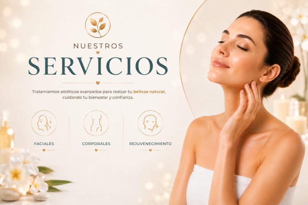 Infografía de servicios de Waydimar Sthetic que muestra las categorías de tratamientos faciales, corporales y de rejuvenecimiento junto a la imagen de una mujer con piel radiante.