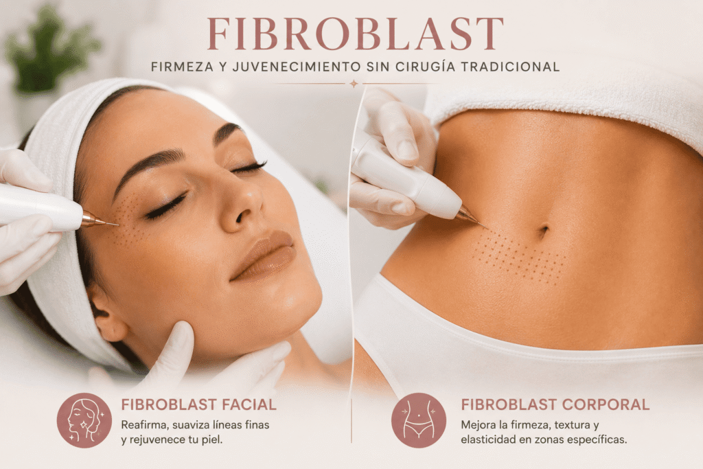 Fibroblast facial en Vega Alta para mejorar firmeza textura y líneas finas. Y fibroblasto corporal para zonas con flacidez localizada