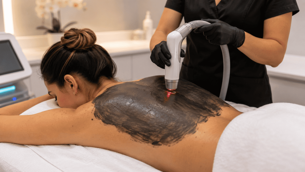 Hollywood Peel en espalda en Vega Alta con carbón activado y láser para mejorar textura y limpieza de la piel