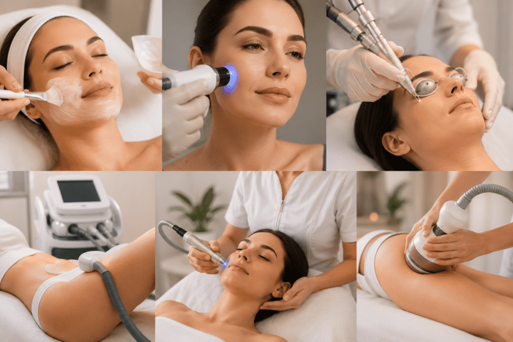 Tratamientos estéticos faciales, tecnologías de firmeza, rejuvenecimiento facial, láser y protocolos corporales realizados en clínica estética.