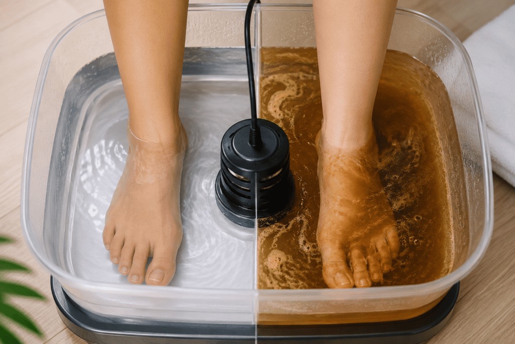 Cambio de color del agua durante una sesión de baño iónico de pies